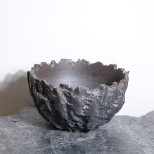 Peut inclure: Un bol foncé et texturé avec un bord rugueux et irrégulier. Le bol a un aspect sombre et métallique et repose sur une surface grise semblable à de la pierre. L'intérieur du bol est lisse et sombre.