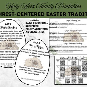 May include: Printable Holy Week Family activities with a Christ-centered Easter theme. Includes daily devotionals, scripture, family activities, and QR video links. Features Palm Sunday and He is Risen graphics.