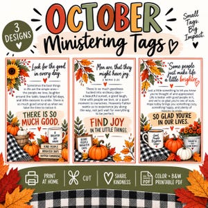 May include: Three rectangular printable tags featuring autumn themes with pumpkins, sunflowers, and fall leaves. Each tag includes inspirational text, such as Look for the good in every day, Men are that they might have joy, and Some people just make life a little brighter.
