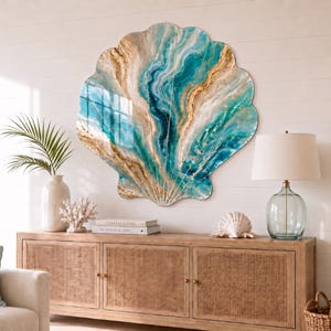 Oversized Coastal Shell Wall Art, Glossy Turquoise Metal Seashell Beach House Decor