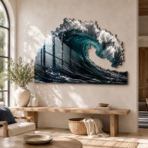 May include: A large, irregular-shaped wall art piece depicting a crashing ocean wave in deep shades of blue, teal, and white. The artwork features a glossy finish with a detailed, textured appearance of turbulent water, sea foam, and a curling crest.