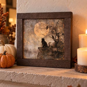 Halloween Wood Sign, Framed 6x6 Inch, Sepia, Black Cat, Witch, Ghost, Scarecrow, 5 Designs