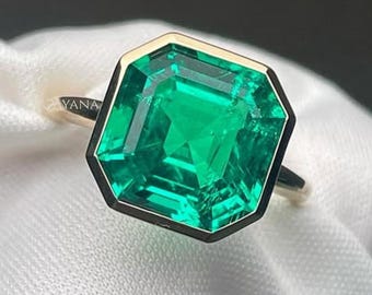 Green Emerald Asscher Cut Solitaire Ring, Unique Bezel Setting Lab Grown Emerald Asscher Cut Ring, 14k Solid Yellow Gold Asscher Cut Ring.