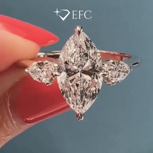 14k Solid White Gold Marquise Cut Trilogy Bridal Ring, Gorgeous Marquise Cut Moissanite Three Stone Wedding Ring With Pear Cut Side Stones.