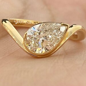 East West 2 CT Pear Cut Lab Grown Modern Bezel Setting Wedding Ring, 14k Solid Yellow Gold Half Bezel Wave Band Solitaire Engagement Ring.