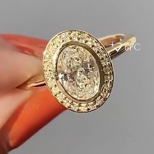 14k Solid Yellow Gold Ice Crushed 3.00 CT Oval Cut Moissanite Fully Bezel Setting Round Cut Halo Engagement Ring, Oval Cut Anniversary Ring.