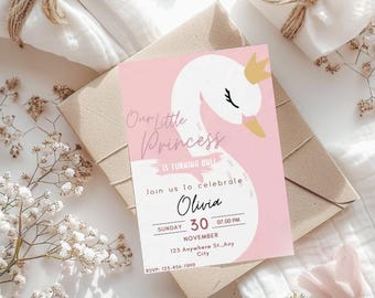 May include: A pink invitation card with a swan illustration and the text "Our Little Princess is Turning One". The invitation includes details for a celebration, with the name "Olivia" and event date.