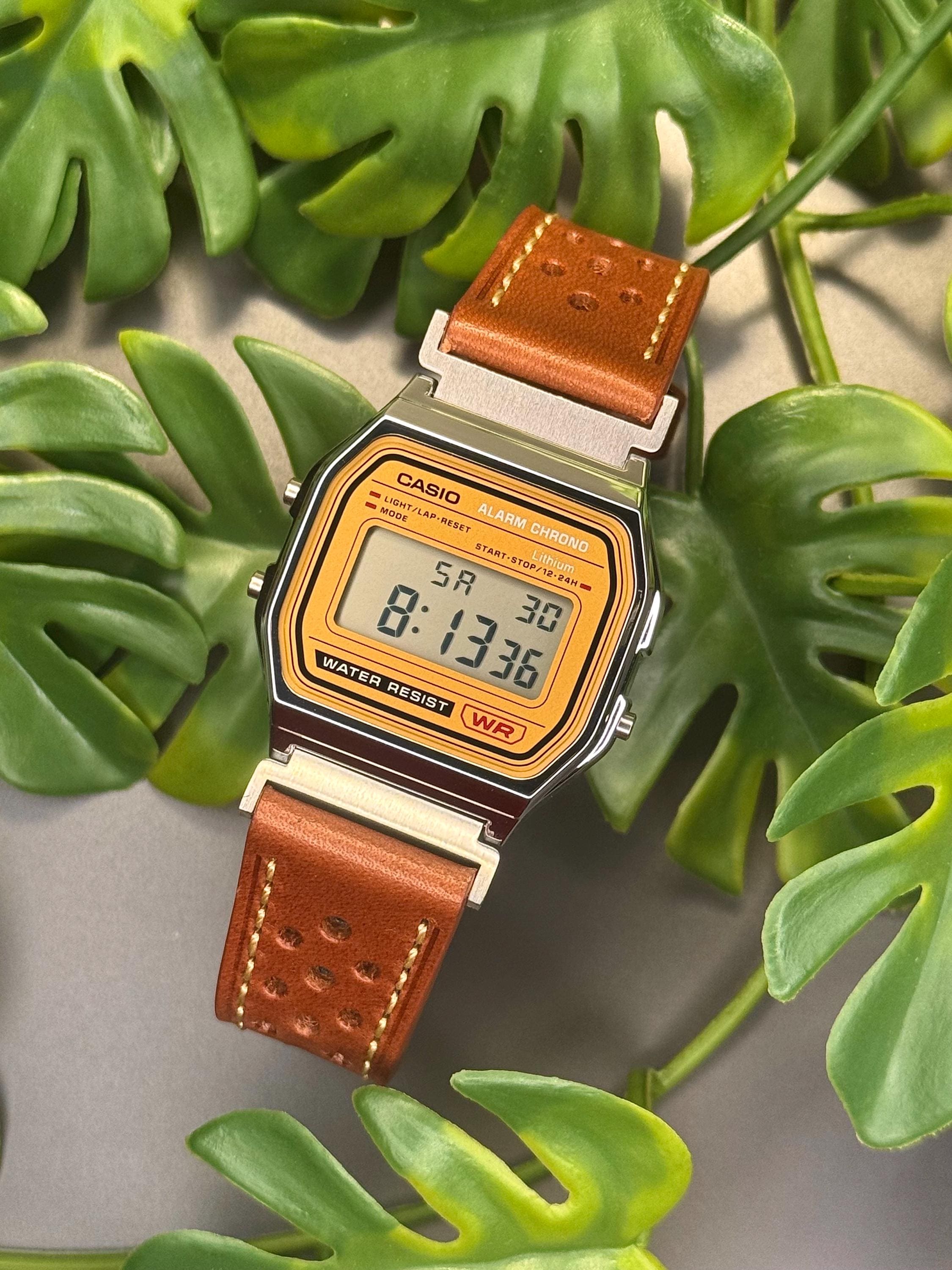 Casio A158WEA-9JH Gold Digital Watch With Vintage Leather Pilot