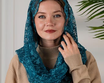 Turquoise Floral Lace Infinity Veil: Catholic Church Head Covering