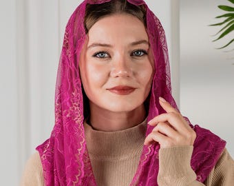 Pink Floral Lace Mantilla Veil - Catholic Mass Head Covering