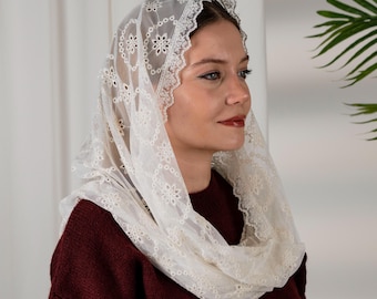 White Infinity Veil, Embroidered Lace Chapel Veil, Catholic Veil for Mass, Ivory Veil, Mantilla Veils, Catholic veils for Women