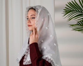 Ivory Linen Chapel Veil,  Veil for Mass, French Lace Catholic Mantilla, Church Veil Catholic, Catholic, Chapel Veil for Mass, Church Veil,