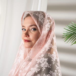 Pink Chapel Veil, Lace Head Covering, Catholic Mantilla Veil, Soft Lace Prayer Veil, Floral Latin Mass Veil, Pink Headcovering for Church