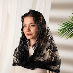 Black Floral Lace Veil for Women, Soft Lightweight Long Veil Scarf, Elegant Church Veil, Chapel Veil, Mantilla for Mass, Head Covering Veils