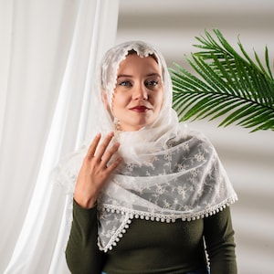Soft Cotton Chapel Veil | Ivory Lace Head Covering | Traditional Catholic Veil for Latin Mass | Church Prayer Veil with Trim