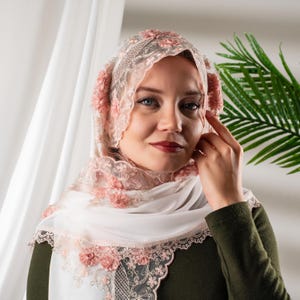 Pink Embroidered Boho Chapel Veil - Soft Crêpe Lace Head Covering for Latin Mass, Catholic Prayer Veil, Floral Mantilla, Custom Veil
