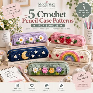 May include: A digital advertisement for 5 Crochet Pencil Case Patterns PDF bundle featuring five handmade pencil cases with various designs including daisies, strawberries, a moon and stars, a rainbow, and colourful flowers, with text overlays.