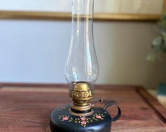 Vintage Hand Painted Floral Tole Style Oil Lamp