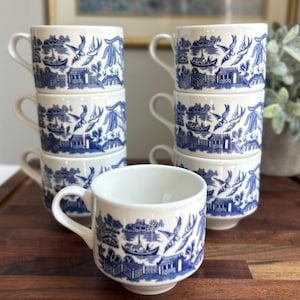 Set of 7 Churchill Blue Willow Tea Cups, Made in England – Classic Blue and White Ironstone China, Vintage Transferware