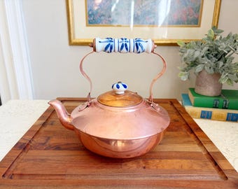 Vintage Copper Teapot Planter | Repurposed Copper Tea Kettle | Blue White Porcelain Handle | Cottage Kitchen