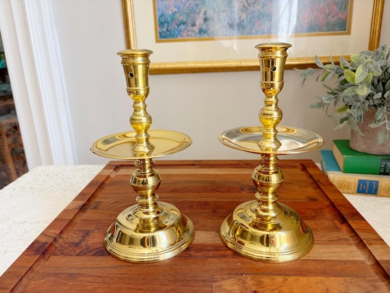 Virginia Metalcrafters Brass Candlesticks Pair | Colonial Williamsburg Mid Drip Holders | Ralph Lauren Style Decor