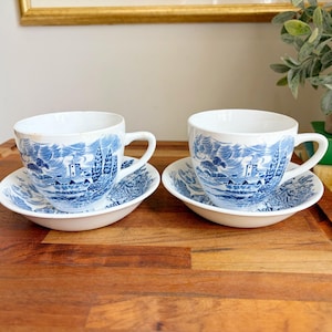 Vintage Enoch Wedgwood Countryside Tea Cups & Saucers Set of 2 | Blue White Transferware England