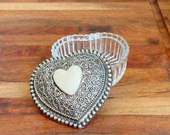 Vintage Heart Trinket Box | Glass Jewelry Box with Silver Plated Lid | Keepsake Box