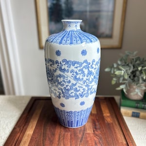 Vintage Blue and White Chinese Floral Vase – Reproduction - Porcelain Decor