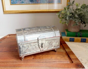 Vintage Silver Tone Trinket Box | Moroccan Style Jewelry Chest | Red Lined Treasure Box
