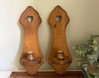 Vintage Holz Wandleuchte Kerzenhalter Paar | Rustikale Herz Ausschnitt Wanddekoration