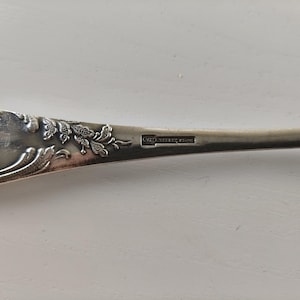 Op de afbeelding: Close-up van een zilveren lepel met sierlijke bloemendetails. De steel van de lepel heeft reli&euml;fbladeren en wijnranken, met een kleine rechthoekige markering. De lepel staat tegen een witte achtergrond.