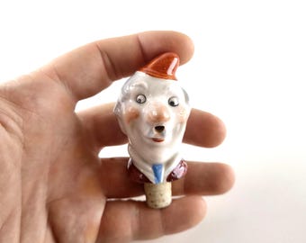 Vintage Porcelain Bottle Stopper with Man’s Face – Hand Painted Barware Cork – Retro Collectible