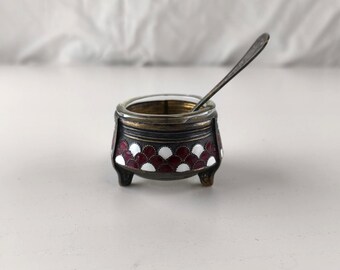 Vintage cloisonné-zoutkelder met lepel – emaille kruidenschaal op poten, minikom Sovjettijdperk