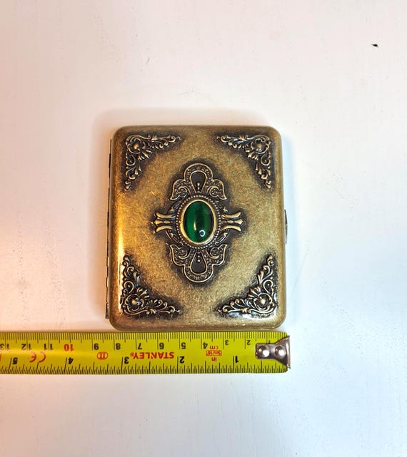antique brass cigarette box Vintage Case With Ornate Design and Green Gemstone Inlay – Collectible Metal Tobacco Case Gift Get one! Vintage Brass & Wood Lined