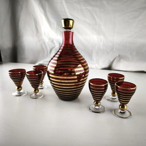 Vintage USSR Ruby Red Glass Decanter Set for 6 | Soviet Gold Stripe Barware | 0.5L Decanter + 6 Shot Glasses | Mid Century Liquor Set