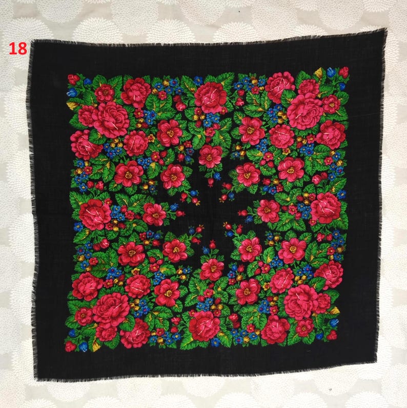 Vintage Wool Floral Shawl – Soviet Ukrainian Russian Babushka Scarf – 100% Wool Square Shawl – Choose Your Design image 19