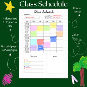 class schedule-PDF printable school timetable-weekly class-school schedule-exam schedule-journal planner-Editable Class Schedule Template