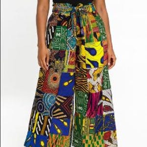 Palazzo Pants Mixed Prints, Denim, Ankara, Tribal Print , Elastic Waist, One Size Fits Most, Wide Leg, Ethnic Print, Multi patterns