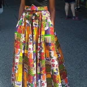 Vintage High Waist Crinkle Maxi Skirt Red Leaf Tribal Print