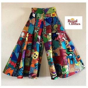 Palazzo Pants Mixed Prints, Denim, Ankara, Tribal Print , Elastic Waist, One Size Fits Most, Wide Leg Pants, Ethnic Print, Multi patterns