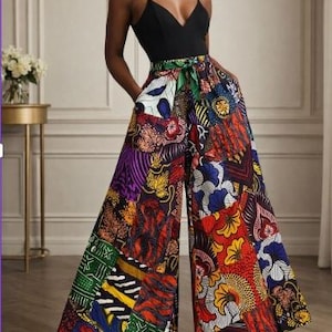Pantalones palazzo con estampado mixto, patchwork de mezclilla Ankara, moda sostenible.
