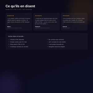 K&ouml;nnte beinhalten: Dunkelblaue Grafik mit wei&szlig;em Text und Sternebewertungen. Der Text lautet "Ce qu'ils en disent" und "Bundle Vol.1 HTML & CSS + Vol.2 JavaScript". Die Grafik enth&auml;lt Kundenbewertungen und eine Liste der enthaltenen Elemente.