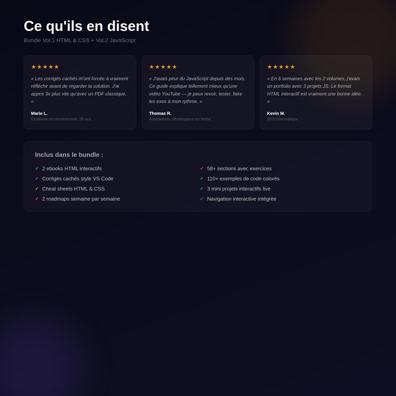 K&ouml;nnte beinhalten: Dunkelblaue Grafik mit wei&szlig;em Text und Sternebewertungen. Der Text lautet "Ce qu'ils en disent" und "Bundle Vol.1 HTML & CSS + Vol.2 JavaScript". Die Grafik enth&auml;lt Kundenbewertungen und eine Liste der enthaltenen Elemente.