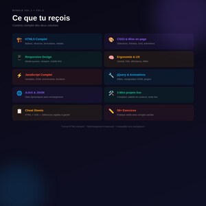 K&ouml;nnte beinhalten: Eine dunkelblaue Grafik mit wei&szlig;em Text und farbigen rechteckigen Bl&ouml;cken. Der Text lautet "Ce que tu re&ccedil;ois" und listet Themen wie HTML5, CSS3, Responsive Design, JavaScript, AJAX und Cheat Sheets auf. Weitere Themen sind Ergonomie & UX, jQuery & Animations.