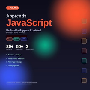 Peut inclure: Une image sombre avec le texte "Apprends JavaScript" en orange. Elle promeut l'apprentissage de JavaScript, avec des sections, des exemples et des mini-projets. Les mots "JS", "jQuery" et "AJAX" sont également présents.