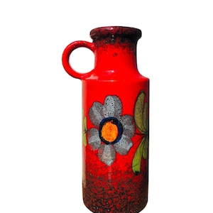 Vintage West Germany red vase with flowers, retro ceramic vase from the 1970s