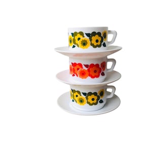 Set of three vintage retro cups and saucers Arcopal Lotus from the 1970s