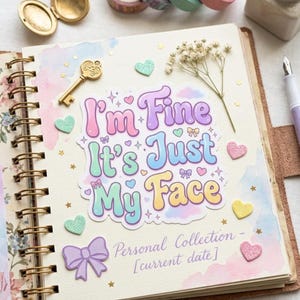 May include: A journal with a gold spiral binding, open to a page with a sticker that reads "I'm Fine It's Just My Face." The page is decorated with heart-shaped stickers, a gold key, and a sprig of dried flowers. The journal is part of a personal collection.