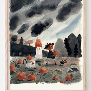 May include: A watercolor illustration of two children dressed in Halloween costumes walking through a field of pumpkins. The girl is wearing a witch hat and carrying a pumpkin. The boy is wearing a ghost costume. A black cat and a small bird are also in the illustration.