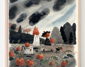 Pumpkin and Spice - Pumpkin Patch - autumn - dark academia- Halloween art - spooky cute - Print // Shelley Couvillion